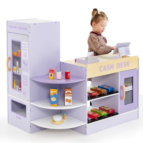 GOPLUS Kinder Kaufladen, Supermarkt aus Holz, Kaufmannsladen mit mit Kasse, POS-Automat & Verkaufsautomat, Einkaufsladen Rollenspiele mit 15 Zubehör & Tafel für Kinder von 3-8 Jahren (Lila) von GOPLUS