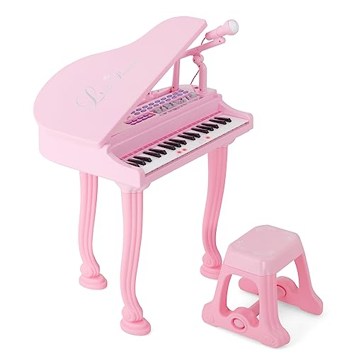 GOPLUS Kinder Keyboard mit 37 Tasten, Mini E-Piano mit LED Lichter, Mehreren Sounds, verstellbarem Mikrofon & Hocker, Elektronisches Klavier für Mädchen & Junge ab 3 Jahre (Rosa) von GOPLUS