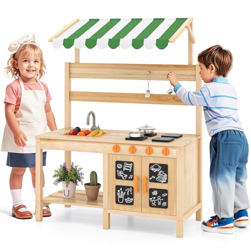 GOPLUS Kinder Matschküche mit Sonnendach, Kinderküche Outdoor mit 4 Herdplatten, Spüle, Wasserhahn, Schwarze Tafeln & Zubehör, Gartenküche Spielküche für Kinder ab 3 Jahren von GOPLUS