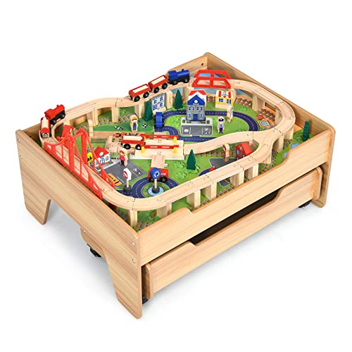 GOPLUS Kinder Spieltisch mit Zug Holzeisenbahn Set, Spielzeugeisenbahn ihkl. 100 Spielteilen zum Spielen&Bauen&Basteln, Eisenbahn Set aus Holz, Aktivitätstisch mit Schubladen, für Kinder ab 3 Jahren von GOPLUS