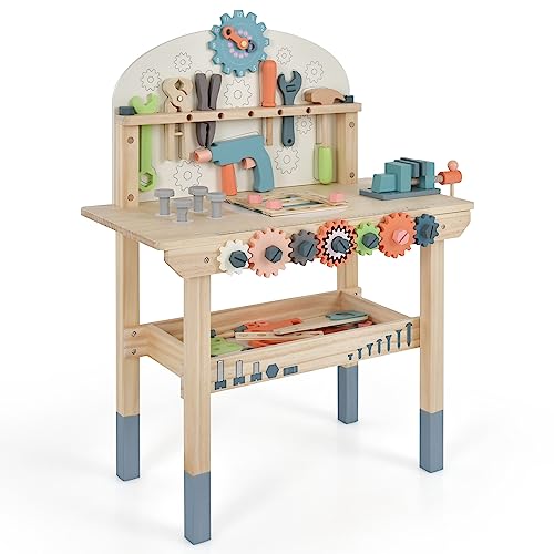 GOPLUS Kinder Werkzeugbank, Spielwerkbank aus Holz mit magnetischem Werkzeughalter, Arbeitsplatte & unterer Ablage, Kinderwerkbank mit reichhaltigem Zubehör und Werkzeug für Kinder ab 3 von GOPLUS