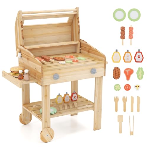 GOPLUS Kindergrill aus Holz, Kinder BBQ Grill Spielset mit Spielzeugessen, Grillwerkzeugen und Gewürzflaschen, Indoor-Outdoor Küchen-Rollenspielset für Kinder ab 3 Jahren von GOPLUS