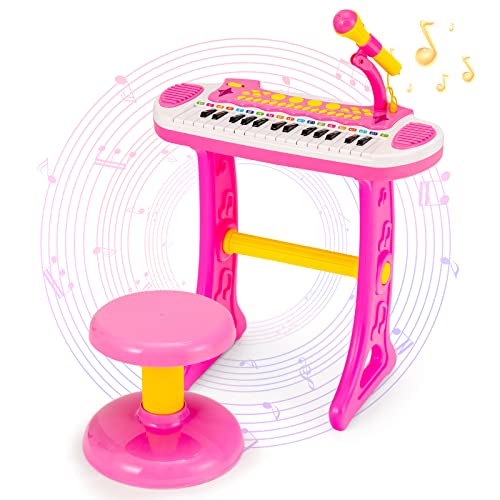 GOPLUS Kinderkeyboard mit 31 Tasten & Hocker, Elektronisches Keyboard mit Mikrofon, Aufnahme- und Wiedergabefunktion, Blinklichter, 22 Demos, Musikinstrument für Kinder ab 3 Jahren (Rosa) von GOPLUS