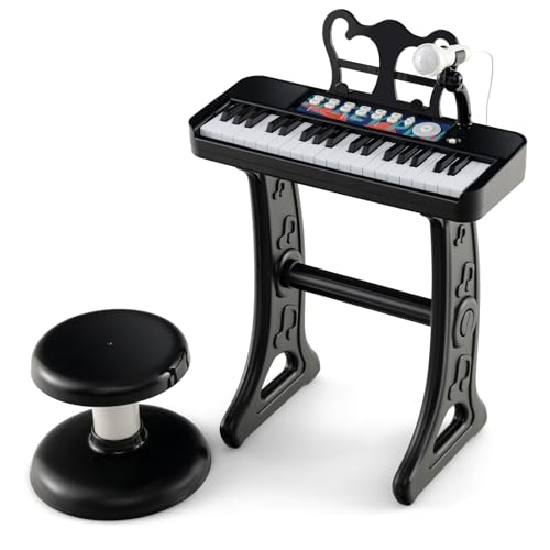 GOPLUS Kinderklavier mit 37 Tasten, Kinder Keyboard mit 22 Demos, 4 Tönen & 4 Rhythmen, Klaviertastatur Spielzeugklavier mit Mikrofon & Hocker, für Kinder ab 3 Jahren (Schwarz) von GOPLUS