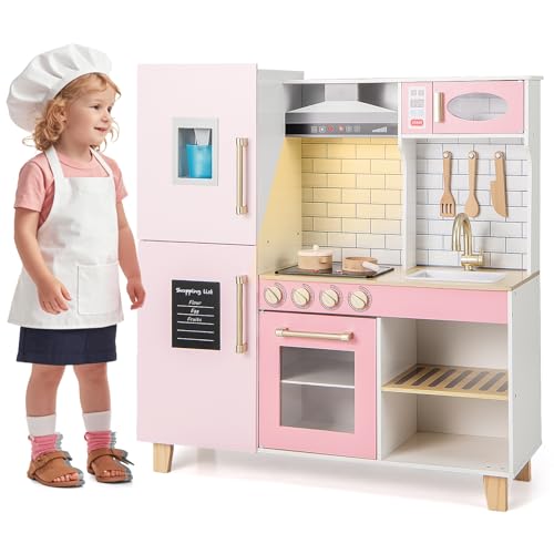 GOPLUS Kinderküche Holz, Spielküche mit realistischen Lichtern & Geräuschen, Dunstabzugshaube, Herd, Tafel, Wasserspender, Grill, Spüle & Wasserhahn, Spielzeugküche für Kinder ab 3 Jahren, Rosa von GOPLUS