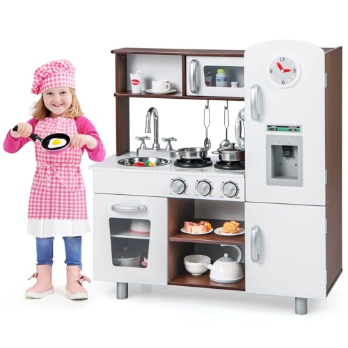 GOPLUS Kinderküche Holz, Spielküche mit realistischen Lichtern & Geräuschen, Uhr, Telefon, Mikrowelle, Spüle, Herdplatten, Backofen & Kochzubehör, Holzküche für Kinder ab 3 Jahren von GOPLUS