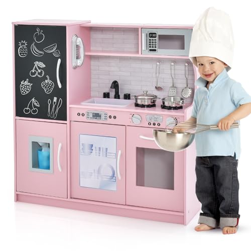 GOPLUS Kinderküche aus Holz, Kinderspielküche mit Mikrowellen, Backofen, Wasserbecken, Kreidetafel & Eismaschine, Stabiler Spielküche mit Spielzubehör, für Kinder 3-6 Jahre (Hellrosa) von GOPLUS