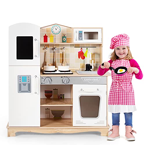 GOPLUS Kinderküche aus Holz, Küche für Kinder, Spielküche mit Holz Zubehör&Spüle&Backofen&Kochfeld&Kühlschrank, Holzküche mit Sundeffekte & Licht, Kinderrollenspiele, Kinder Spielzeugküche von GOPLUS