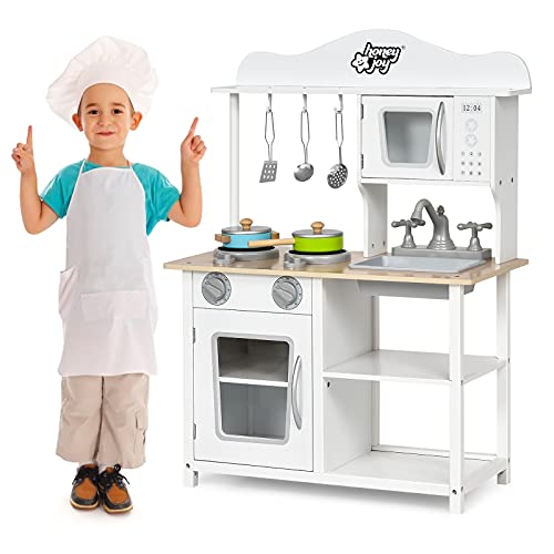 GOPLUS Kinderküche aus Holz, Küche für Kinder, Spielküche mit Metall Zubehör, Spüte, Backofen, Mikrowelle, Kochfeld, Holzküche, Kinderrollenspiele von GOPLUS