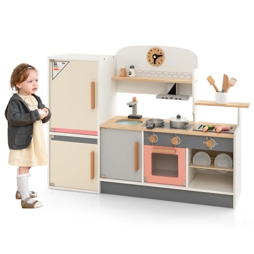 GOPLUS Kinderküche aus Holz, Multifunktionale Kinderspielküche mit Kühlschrank, Backofen, Wasserbecken & 2 Kochfelder, Spielzeugküche mit Spielzubehör, für Kinder ab 3 Jahren von GOPLUS