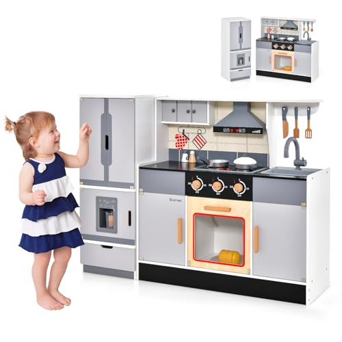 GOPLUS Kinderküche mit Kühlschrank, Spielküche mit Backofen, Wasserbecken, Eismaschine & 2 Kochfelder, Stabiler Holzküche mit Mehreren Ablageflächen, für Kinder ab 3 Jahren alt, Weiß von GOPLUS