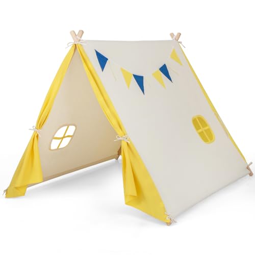 GOPLUS Kinderspielzelt ohne Boden, Kinderzelt mit Kiefernholzrahmen, Fenster & Türvorhängen mit Riemen, Indoor & Outdoor Spielhaus mit dekorativen Fahnen für 2 Kinder, 145 × 137 × 121cm von GOPLUS