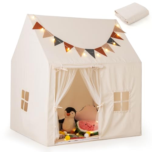 GOPLUS Kinderzelt Indoor, Spielhaus mit waschbarem Polsterteppich, Lichterkette und Fahnen, Spielzelt mit Mesh-Vorhängen für 3 Kinder ab 3 Jahren, 123 x 107 x 137 cm, Beige von GOPLUS