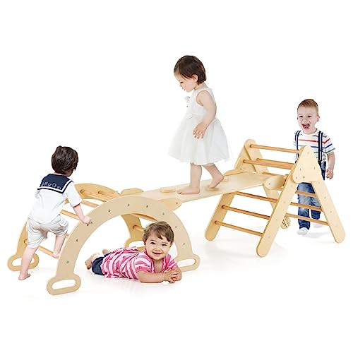 GOPLUS Klettergerüst Indoor, 4 in 1 Kletterdreieck & Kletterbogen & Leiter & Rutsche, Sprossendreieck Spielplatz zum Klettern, Rutschen und Wippen, für Kleinkinder ab 1 Jahre (Natur) von GOPLUS