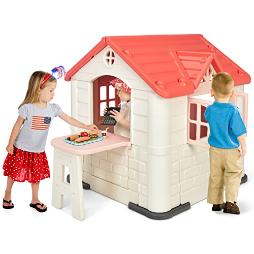 GOPLUS Multifunktionale Kinderspielhaus, Spielhaus mit 2 ausgehöhlte Fenster, Breiter Picknicktisch, Spielzeugset & Doppeltüren, Rollenspiele für Draußen & Drinnen ab 3 Jahren, 164x124x132cm (Rosa) von GOPLUS