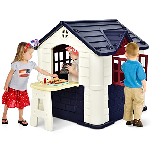 GOPLUS Multifunktionale Kinderspielhaus, Spielhaus mit 2 ausgehöhlte Fenster, Breiter Picknicktisch, Spielzeugset & Doppeltüren, Rollenspiele für Draußen & Drinnen ab 3 Jahren, 164x124x132cm (Blau) von GOPLUS