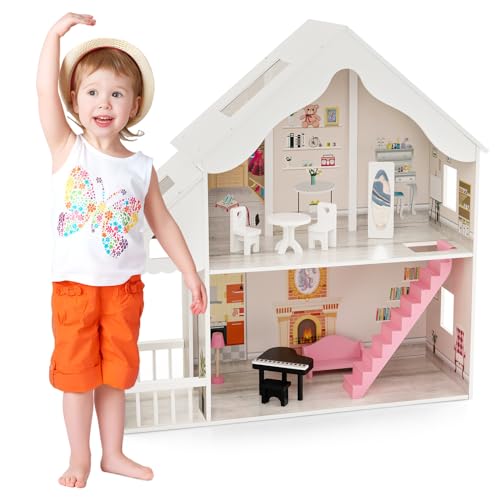 GOPLUS Puppenhaus aus Holz, 2-stöckiges Puppenstube mit 5 Räumen & Möbelset, Veranda und Oberlichtern, Dollhouse Traumhaus für Mädchen & Jungen ab 3 Jahren, 81 x 30 x 86 cm von GOPLUS