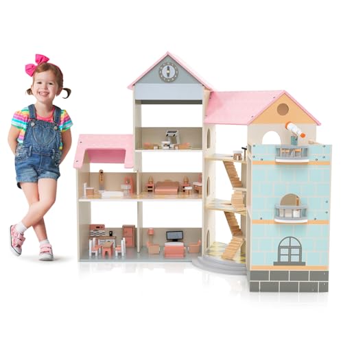 GOPLUS Puppenhaus aus Holz, 3-stöckiges Dollhouse mit 7 Zimmern, 42 Zubehörteilen & echtem Balkon, Puppenstube mit Dach für Puppen bis 15 cm, ideal für Kinder ab 3 Jahren (Model 2) von GOPLUS