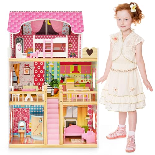 GOPLUS Puppenhaus aus Holz, multifunktionales Dollhaus mit 6 Zimmer & komplettem Spielzubehör, Traumhaus 3 Etagen für Mädchen und Jungen ab 3 Jahren, Rosa GOPLUS Puppenhaus aus Holz, multifunktionales Dollhaus mit 6 Zimmer & komplettem Spielzubehör, Traumhaus 3 Etagen für Mädchen und Jungen ab 3 Jahren, Rosa von GOPLUS