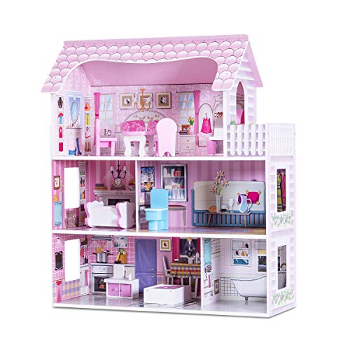 GOPLUS Puppenhaus mit Möbeln und Zubehör, Puppenstube mit 3 Spielebenen mit Accessoires, Haus für Puppen 3 Etagen, Prinzessinhaus Selber Bauen Rosa, Spielhaus mit Wohnzimmer Schlafzimmer Badezimmer von GOPLUS