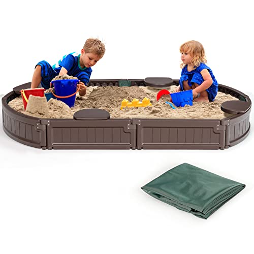 GOPLUS Sandbox mit Wasserdichter Abdeckung, Outdoor-Sandkiste mit 4 Sitzen für Kinder ab 3 Jahre, HDPE-Sandkasten mit Oxford-Unterlage für Garten, Terrasse & Hinterhof, 183 x 105 x 21 cm, Braun von GOPLUS