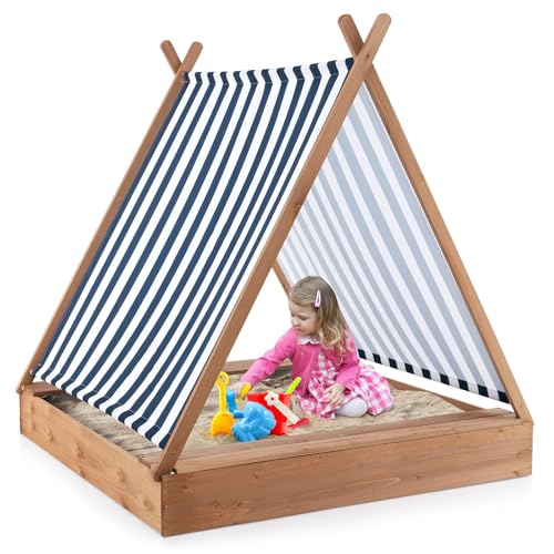 GOPLUS Sandkasten, Sandkasten mit Dach & 2 Sitzbank, Sandkiste aus Fichtenholz bis 280 kg belastbar, Kindersandkasten Sandbox für Garten Balkon Strand, Bodenloses Design für Kinder ab 1 Jahr von GOPLUS