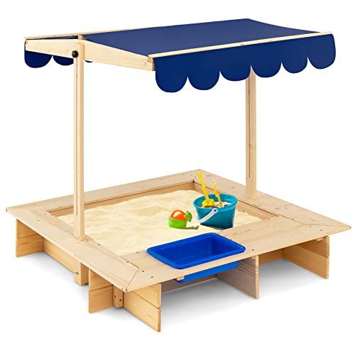 GOPLUS Sandkasten mit abnehmbarem Waschbecken, Kinder Sandkasten mit höhen- & winkelverstellbarem Dach, Massivholz, mit bodenlosem Design für Strand Park Spielplatz Garten, ab 3-12 Jahre von GOPLUS