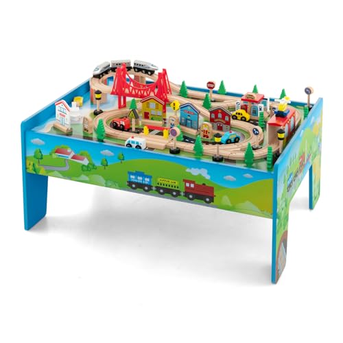 GOPLUS Spieltisch aus Holz mit 80-teiliges Eisenbahn-Set, Kinder Aktivitätstisch mit umkehrbarer Tischplatte & Eisenbahnschienen, Spielzeugtisch für Kinder ab 3 Jahren, für Kinderzimmer & Kindergarten von GOPLUS