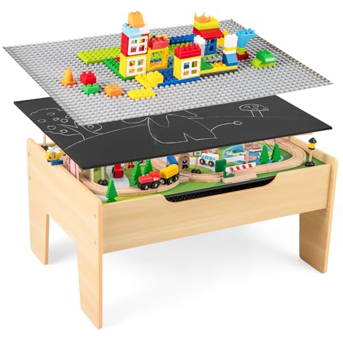 GOPLUS Spieltisch mit 78 Spielzeugteile, Kinder Eisenbahn Set mit wendbarer Tischplatte, Bauplatten, Gleisen, Autos, Kinderaktivitätstisch aus Holz mit Stauraum, für Kinder ab 3 Jahren GOPLUS Spieltisch mit 78 Spielzeugteile, Kinder Eisenbahn Set mit wendbarer Tischplatte, Bauplatten, Gleisen, Autos, Kinderaktivitätstisch aus Holz mit Stauraum, für Kinder ab 3 Jahren von GOPLUS