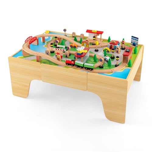 GOPLUS Spieltisch mit 84 Spielzeugteile, Kinder Eisenbahn Set mit Schublade & Umkehrbare Arbeitsfläche, Kinderaktivitätstisch zum Spielen, Bauen & Basteln für Kinder ab 3 Jahren von GOPLUS