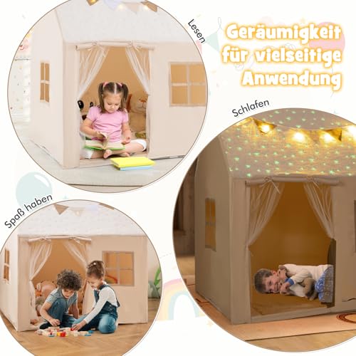 GOPLUS Spielzelt Kinder, Spielhaus mit gepolstertem Teppich & Lichterkette, phosphoreszierendem Stoff, bunten Fähnchen, 2 Fenstern, Kinderzelt für Kinder ab 3 Jahren, 119 x 104 x 129 cm von GOPLUS