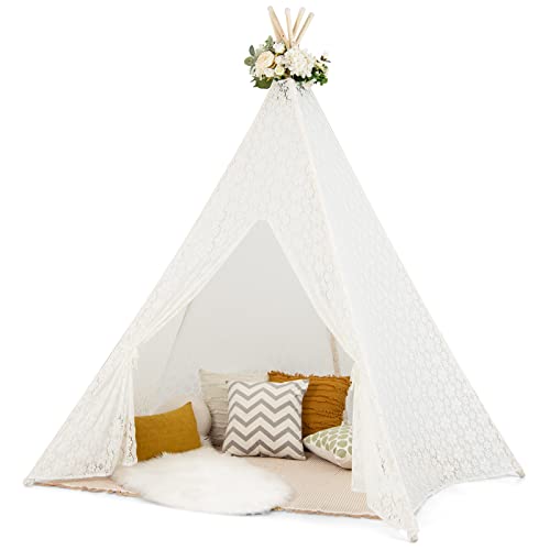 GOPLUS Spitzen Tipi Zelt für Kinder, Spielzelt aus Kiefernholz mit bunten Sternlicht & rutschfeste Füße für Kinder & Erwachsene, Indianerzelt für Hochzeit, Picknick & Fotoshootings, Strand, weiß von GOPLUS