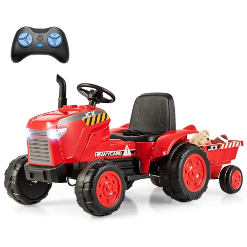 GOPLUS Traktor mit abnehmbarem Anhänger, 12V Kindertraktor mit 2,4G Fernbedienung, Musik, USB, Lichtern & Hupe, Elektrotraktor für Kinder von 3 bis 8 Jahren (Rot) von GOPLUS