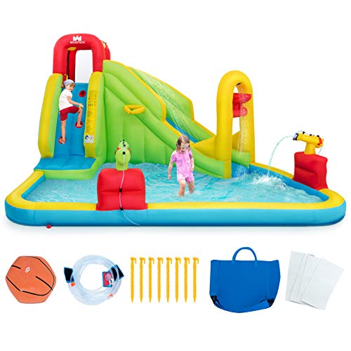 GOPLUS Wasserpark mit Rutsche, Aufblasbares Planschbecken, mit Kletterwand, Basketballkorb, Wasserpistole, Hüpfburg, für Kinder von 3 bis 10 Jahren, 400 x 335 x 230cm (Sommer, Ohne Gebläse) von GOPLUS