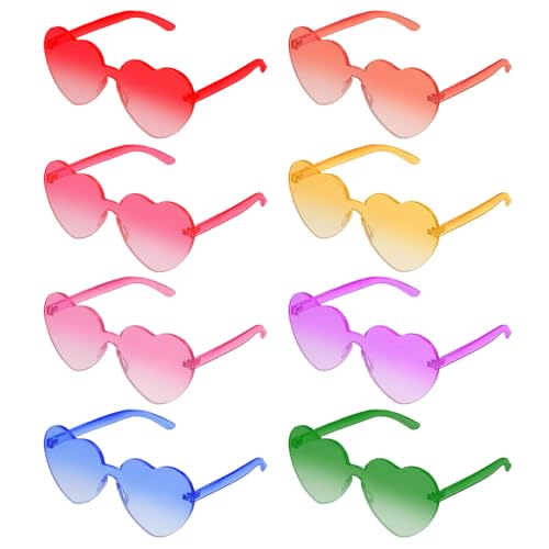 GOTFUN 8 Paar Herz Sonnenbrille, Lustige Partybrillen, Randlose Transparente Candy Color Sonnenbrille Herz geformte Party Gläser für Erwachsene Kinder, Kostüm Strand Party Dekoration Festival von GOTFUN