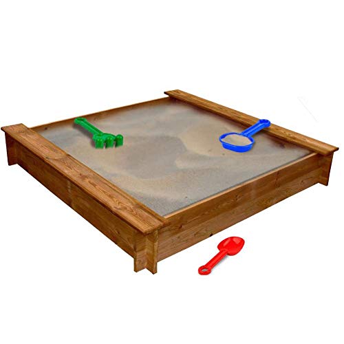 GOTOTOP Quadratischer Sandkasten, Hochbeet für Kinder mit Sand, aus Kiefernholz, braun, 120 x 120 x 20 cm, für Kinder ab 3 Jahren von GOTOTOP