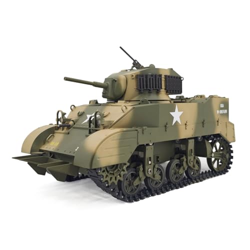 GOUX Ferngesteuertes Panzermodell für Erwachsene, 1/16 Maßstab 2.4G US M5A1 Stuart Light Tank Modell mit Sound-Lichteffekten, Teleskop-Rauchabzug (Zwei Batterien) von GOUX