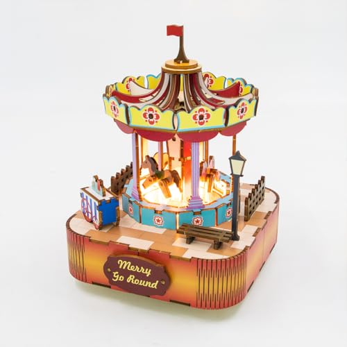 GOUX Merry-go-Round 3D Spieluhr aus Holz, handgefertigtes Puzzle mit Lichtern, kreative DIY Spieluhr, kreatives Puzzle-Geschenk (Kit Version) von GOUX