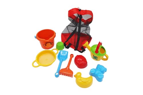 GOWI Sandspielzeug Set mit Strandtasche, 9-teilig, Eimer, Gießkanne, Sieb, Schaufel 22cm, Rechen 19cm, 4 Sandformen von GOWI