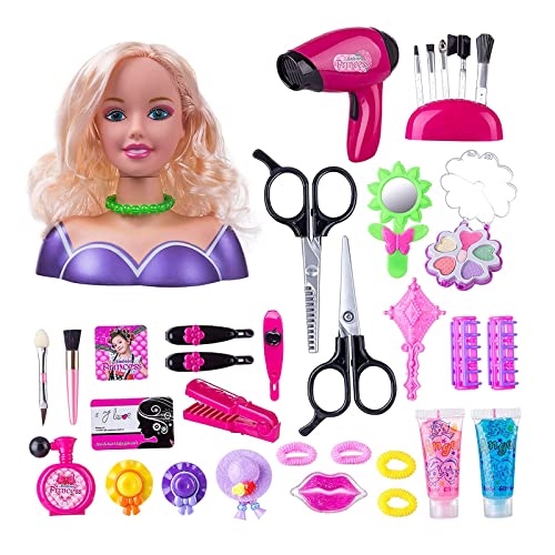 GOXAEEE Frisierkopf, 35 Stück, Frisierkopf und Make-up-Set, Spielzeug, Mädchen, für 1 – 9 Jahre, Puppe Styling Head Hairdressing (blau) von GOXAEEE