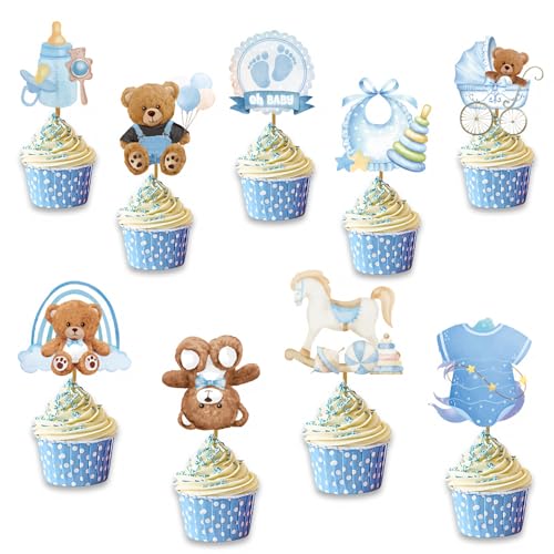 GOZINA 27 Stück Babyparty Deko Junge, Bottle Bear Pferd Footprints Onesie-Lätzchen Gender Reveal Party Deko, Babyparty Taufe Deko, Blaue Baby Shower Deko, Oh Baby Cake Topper von GOZINA