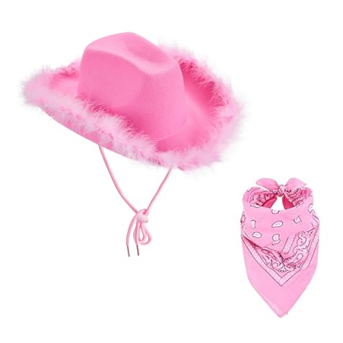 GPLOPEEY Cowboyhüte mit verstellbarem Kinnriemen Texanischer Cowgirlhut mit Halstuch für Damen Mädchen Cowboy Kostüm Thema Party Zubehör (01 Pink, One Size) von GPLOPEEY