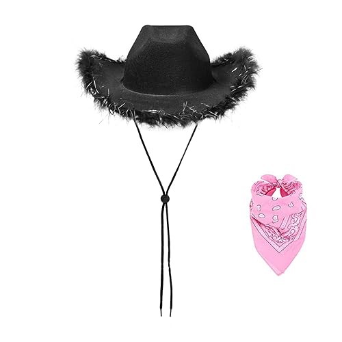 GPLOPEEY Cowboyhüte mit verstellbarem Kinnriemen Texanischer Cowgirlhut mit Halstuch für Damen Mädchen Cowboy Kostüm Thema Party Zubehör (02 Black, One Size) von GPLOPEEY