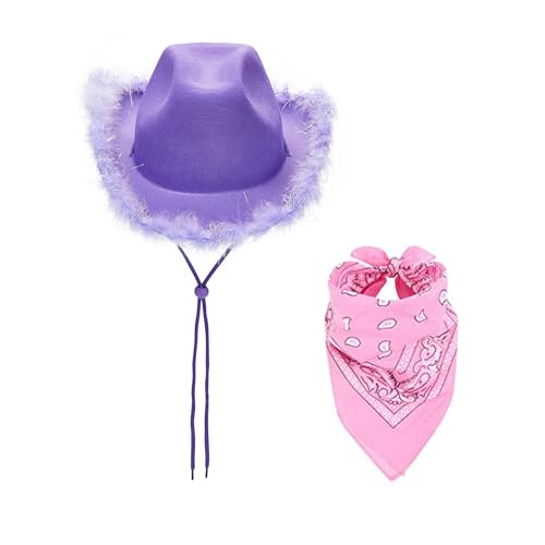 GPLOPEEY Cowboyhüte mit verstellbarem Kinnriemen Texanischer Cowgirlhut mit Halstuch für Damen Mädchen Cowboy Kostüm Thema Party Zubehör (02 Purple, One Size) von GPLOPEEY