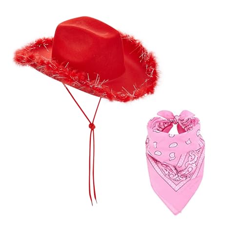 GPLOPEEY Cowboyhüte mit verstellbarem Kinnriemen Texanischer Cowgirlhut mit Halstuch für Damen Mädchen Cowboy Kostüm Thema Party Zubehör (02 Red, One Size) von GPLOPEEY