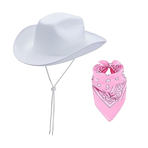 GPLOPEEY Cowboyhüte mit verstellbarem Kinnriemen Texanischer Cowgirlhut mit Halstuch für Damen Mädchen Cowboy Kostüm Thema Party Zubehör (03 White, One Size) von GPLOPEEY