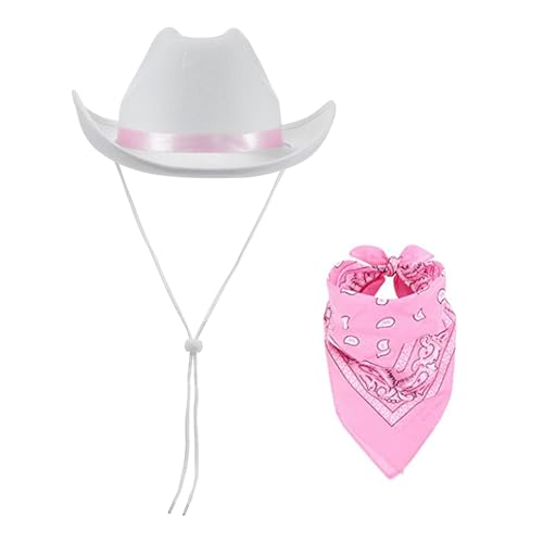 GPLOPEEY Cowboyhüte mit verstellbarem Kinnriemen Texanischer Cowgirlhut mit Halstuch für Damen Mädchen Cowboy Kostüm Thema Party Zubehör (04 White, One Size) von GPLOPEEY