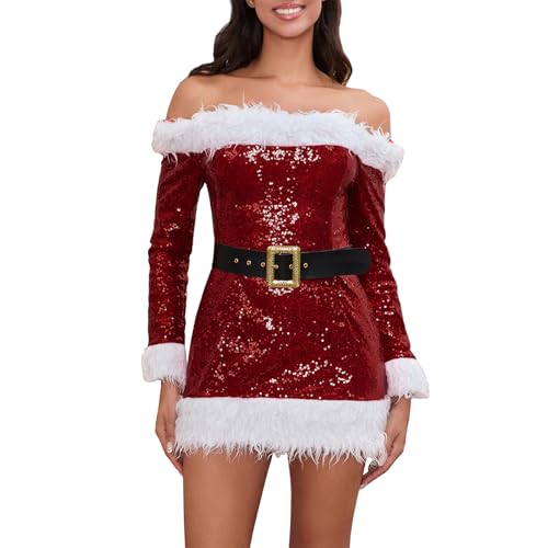 GPLOPEEY Damen Weihnachten Santa Kleid Deluxe Mrs. Claus Kostüm Schulterfrei Langarm Bodycon Minikleid (01 Red, S) von GPLOPEEY