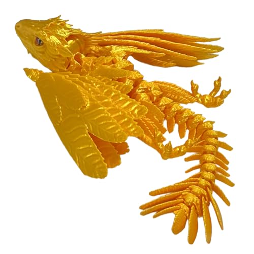 Drache Spielzeug, 3D Drache mit Flügeln, 3D Druck Drachen Beweglich, 3D Gedruckte Drachen, Realistische Wyvern Figur Deko, Flexibel Drachenart Modell, Zappelspielzeug für Autismus/ADHS (Gold) von GQDGCU