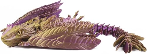 Drache Spielzeug, 3D Drache mit Flügeln, 3D Druck Drachen Beweglich, 3D Gedruckte Drachen, Realistische Wyvern Figur Deko, Flexibel Drachenart Modell, Zappelspielzeug für Autismus/ADHS (Violett Gold) von GQDGCU